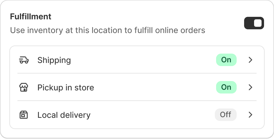 Fulfillment settings panel with shipping, pickup in store, and local delivery toggles