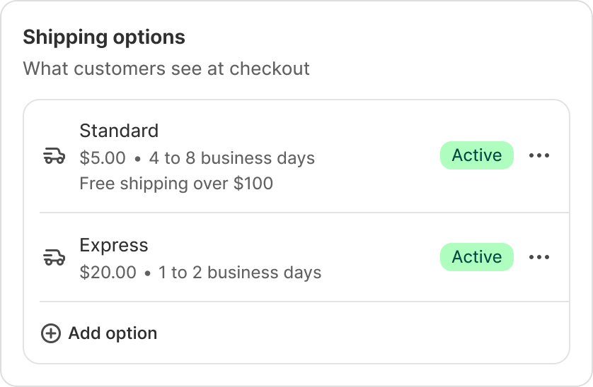 Shipping options panel listing Standard and Express rates
